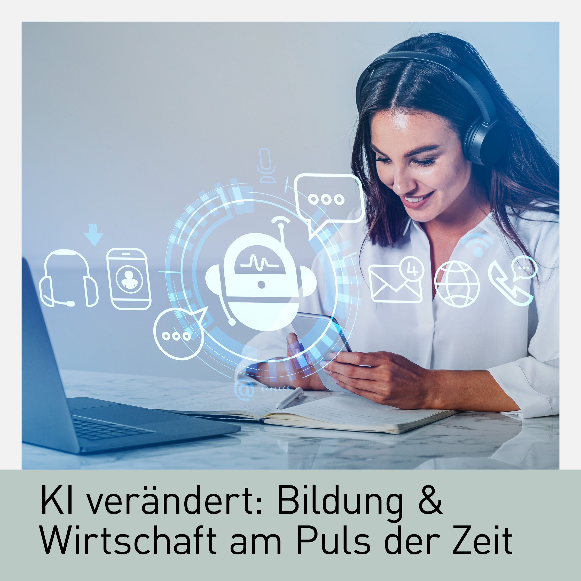 Frau mit Headset arbeitet am Laptop mit digitalen KI-Icons und Symbolen, die Kommunikation und Technologie visualisieren. Überschrift: KI verändert: Bildung & Wirtschaft am Puls der Zeit.