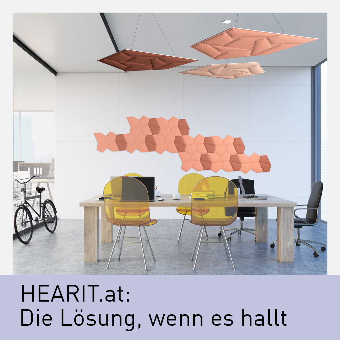 Moderner Konferenzraum mit Schallabsorbern an Decke und Wand in geometrischen Formen. Akustiklösung von Hearit.at zur Verbesserung der Raumakustik in Büros