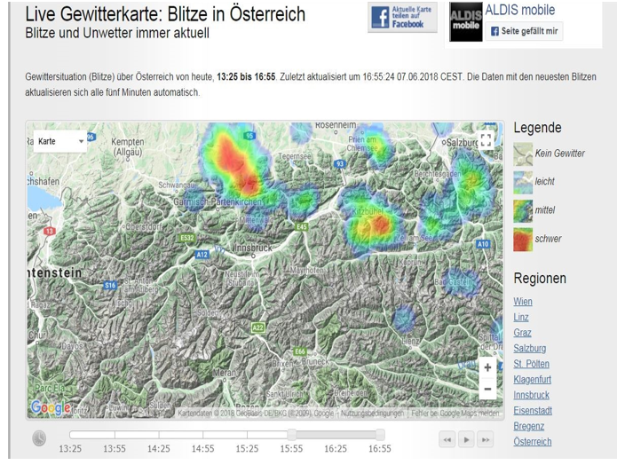 Gewitterzellen in Tirol nach ALDIS