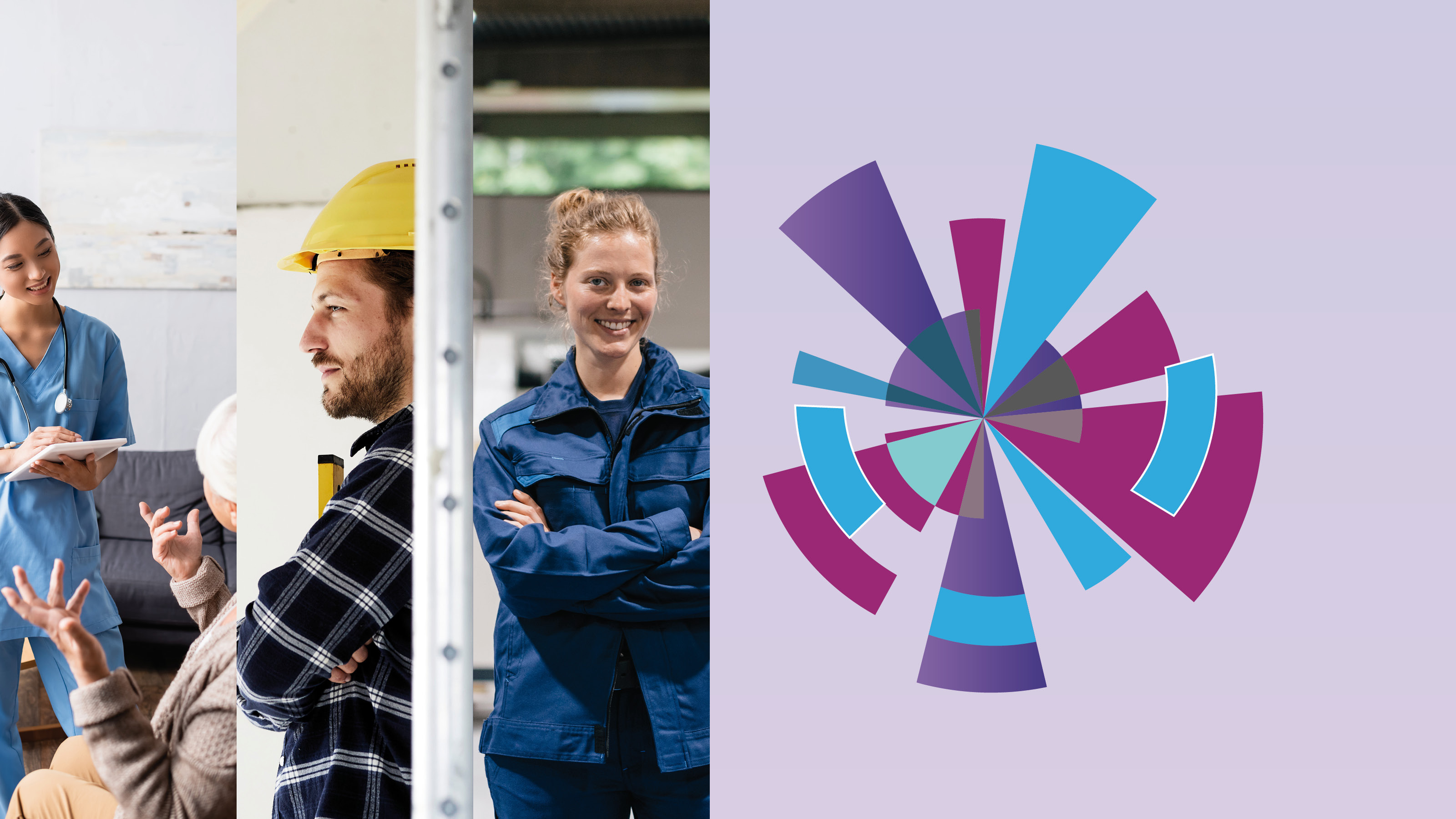 Keyvisual Arbeitskräfteradar, Collage verschiedener Menschen im Job auf lila Hintergrund