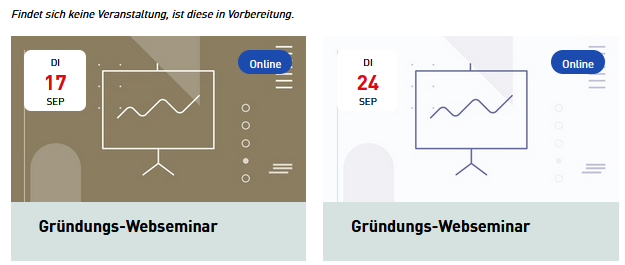 Screenshot von Veranstaltungsübersicht: Gründungs-Webseminar